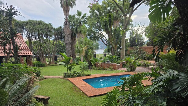 Una piscina rodeada de exuberante vegetación y una construcción de ladrillo.