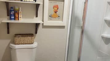Chuveiro, toalhas de banho, papel higiênico