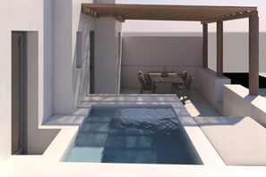 A modern outdoor pool area with a pergola, a dining table with chairs, and a minimalist architectural design. - Parose Suites Santa Maria (Paros)