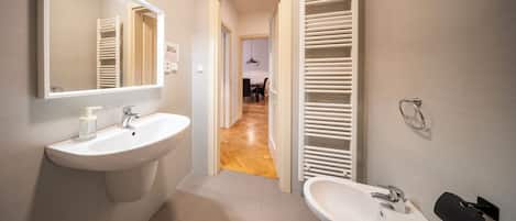Hair dryer, bidet, towels, soap