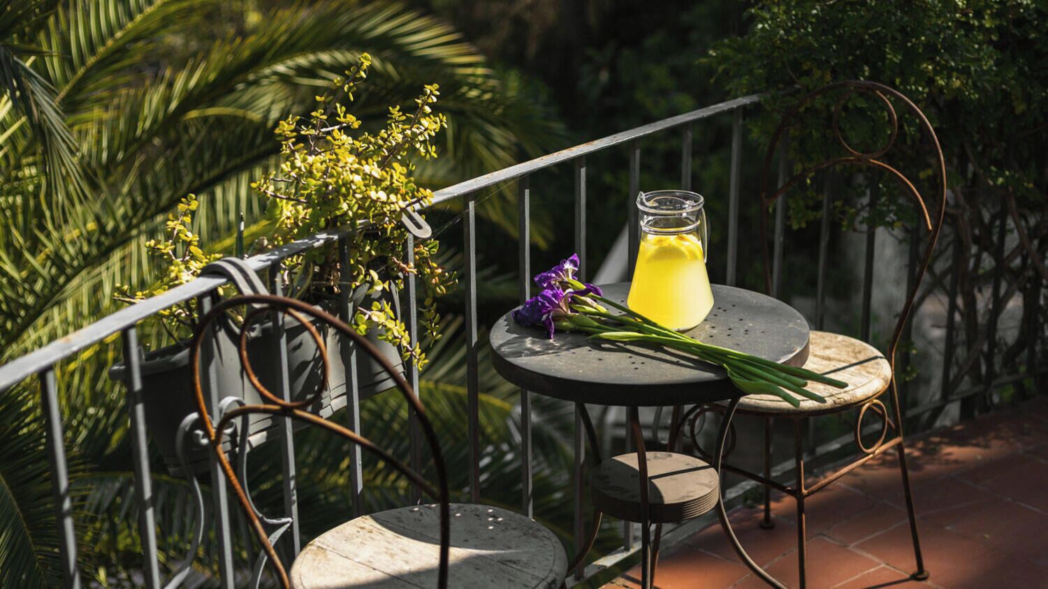 A balcony with a round table, a metal chair, a glass bottle, and a purple flower.