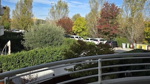 Um estacionamento com vários carros, cercado por árvores com folhagem de outono.