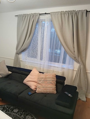 A living room with a sofa, a patterned pillow, a remote control, and a window with curtains. - The Linwood Terrace (Eastwood)