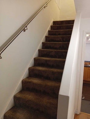 A staircase with carpeted steps and a metal handrail. - The Linwood Terrace (Eastwood)