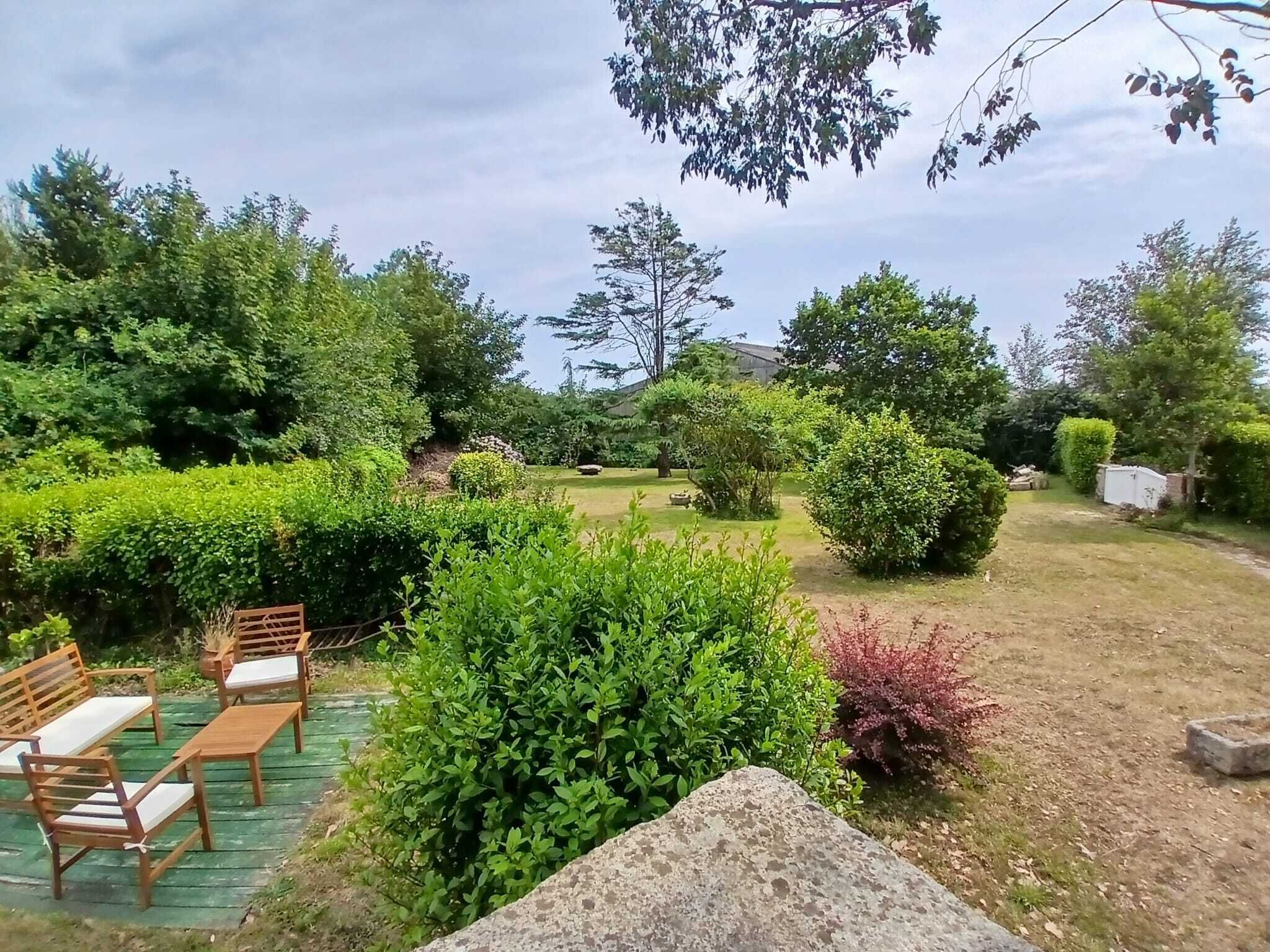 A garden with a wooden bench and a stone wall.
