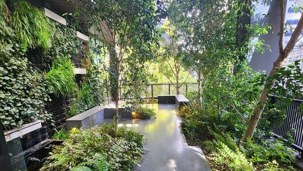 A pathway flanked by lush greenery and a modern building structure. - BNBIFY Stylish Melbourne CBD 2BR Apartment | Pool, Spa, Gym (Melbourne)