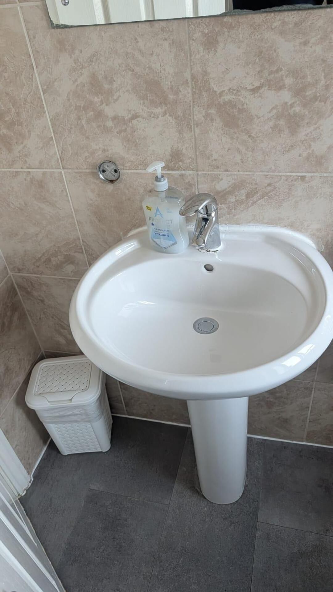 A bathroom with a white sink, a hand soap dispenser, and a small trash bin.
