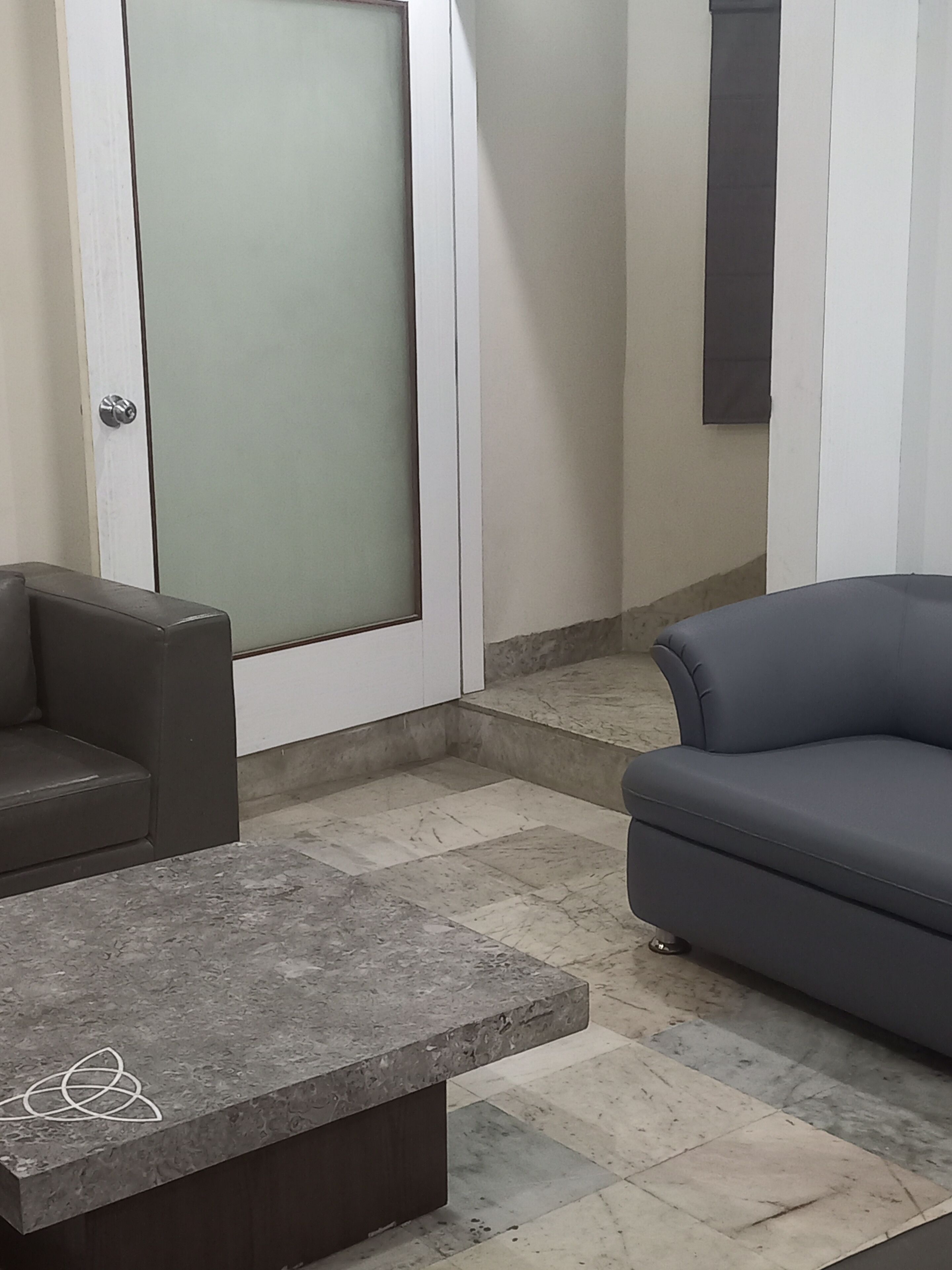 A room with a grey sofa, a small table, and a door with frosted glass.