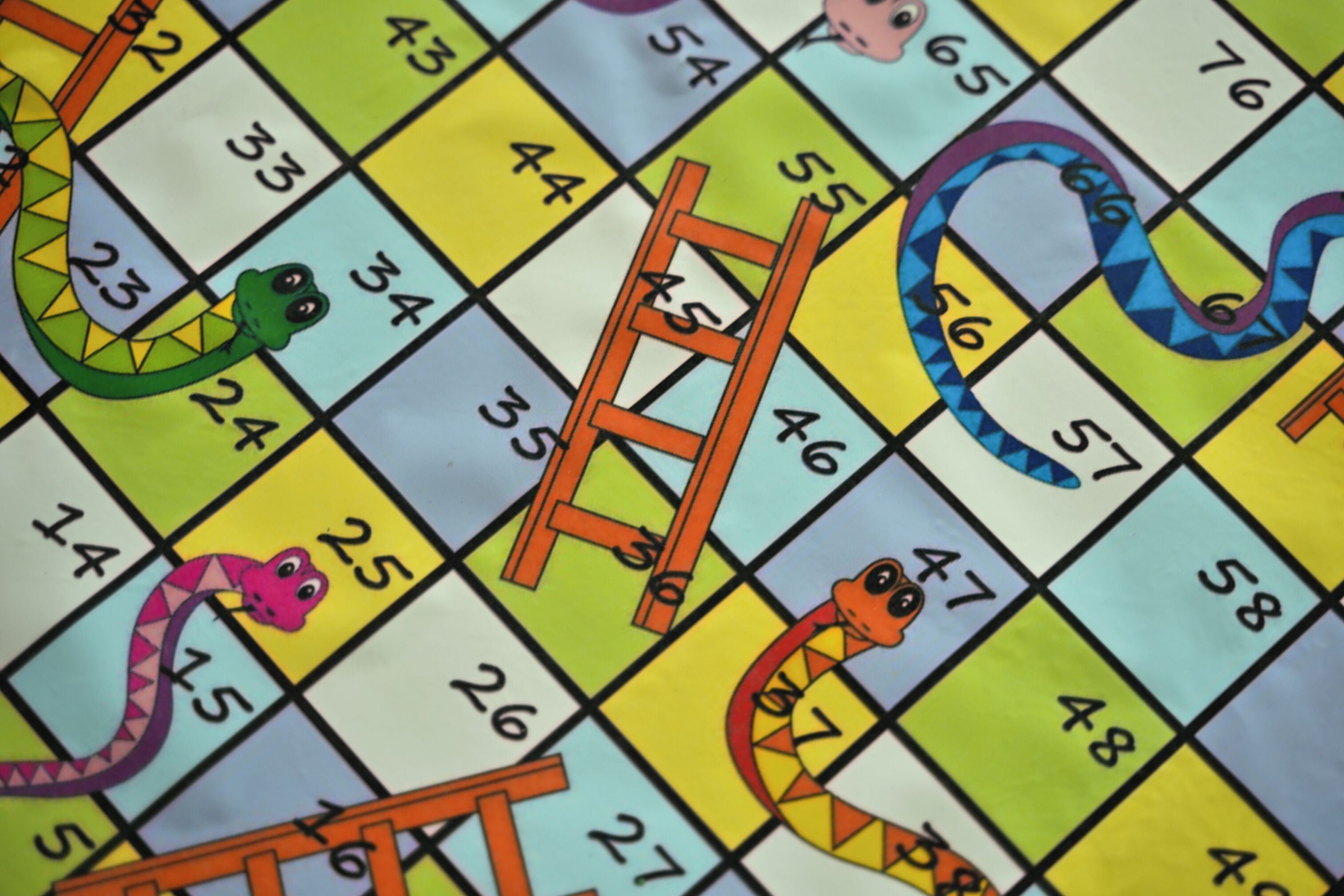 Een bordspel met slangen, ladders en genummerde vakjes.