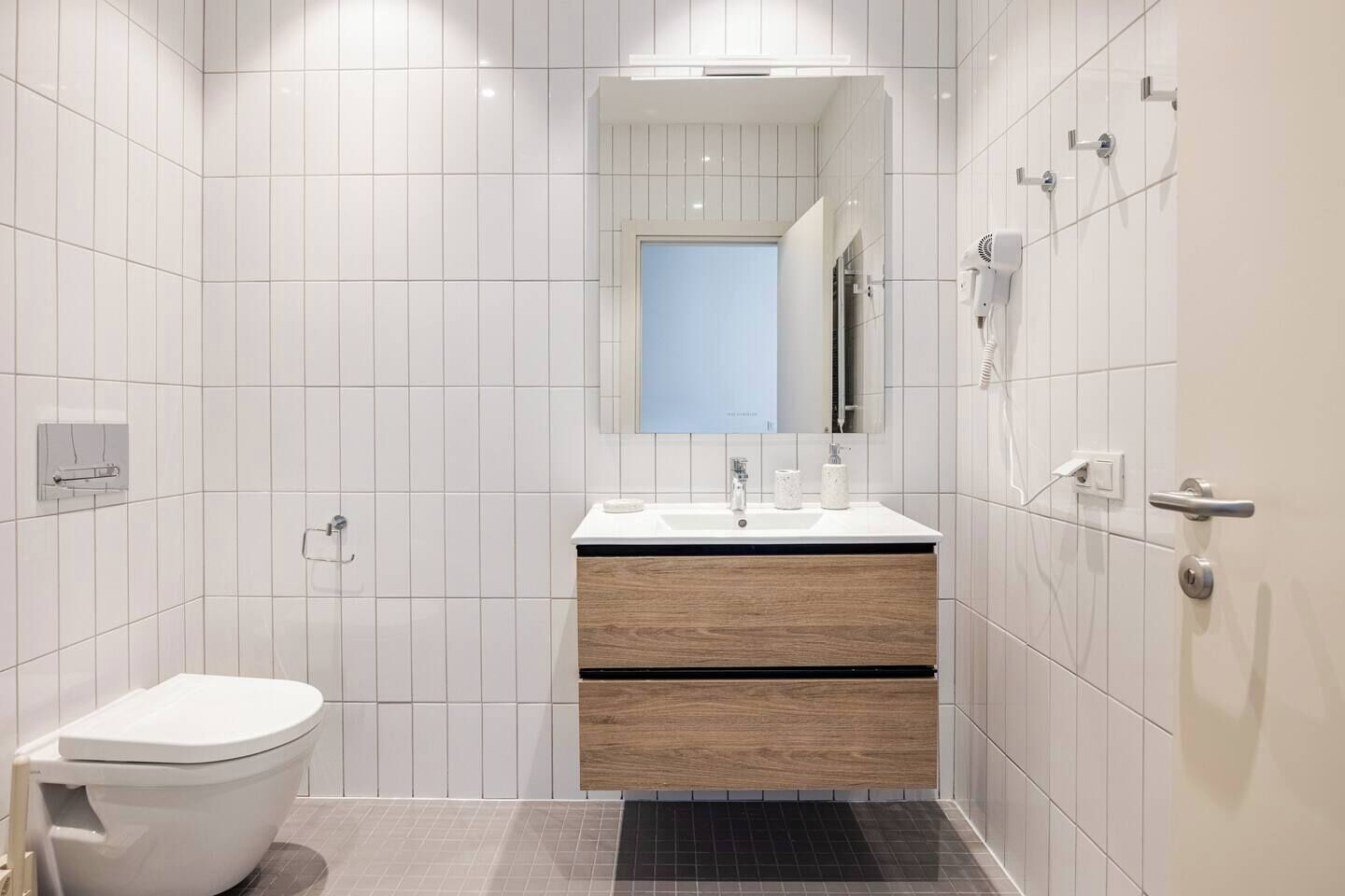 Hair dryer, towels, soap, toilet paper