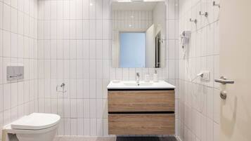 Hair dryer, towels, soap, toilet paper