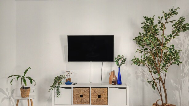A modern living room with a flat-screen TV mounted on a white cabinet, a potted plant, and a wicker basket.
