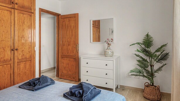 Une chambre à coucher avec un lit, une commode, un miroir et une plante en pot.