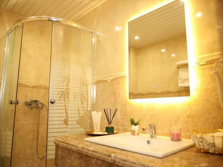Hair dryer, slippers, towels, soap