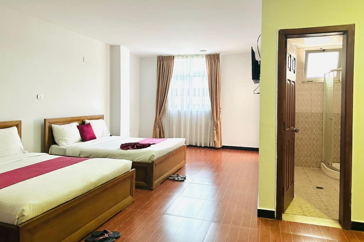 Habitación de hotel con dos camas, ducha y televisión.