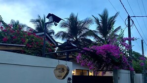 A coastal villa with a gated entrance, a sign indicating 'Coastal Villa Rooms,' and a view of palm trees and bougainvillea flowers.