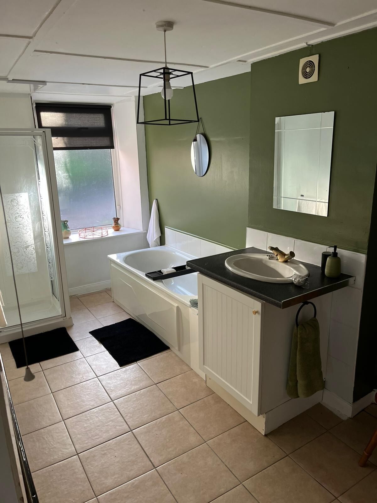 Hair dryer, towels, soap, toilet paper
