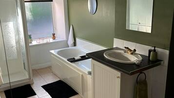Hair dryer, towels, soap, toilet paper
