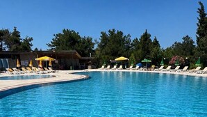 Ein klares, blaues Schwimmbecken mit Liegestühlen und Sonnenschirmen, umgeben von Bäumen und einem Gebäude.