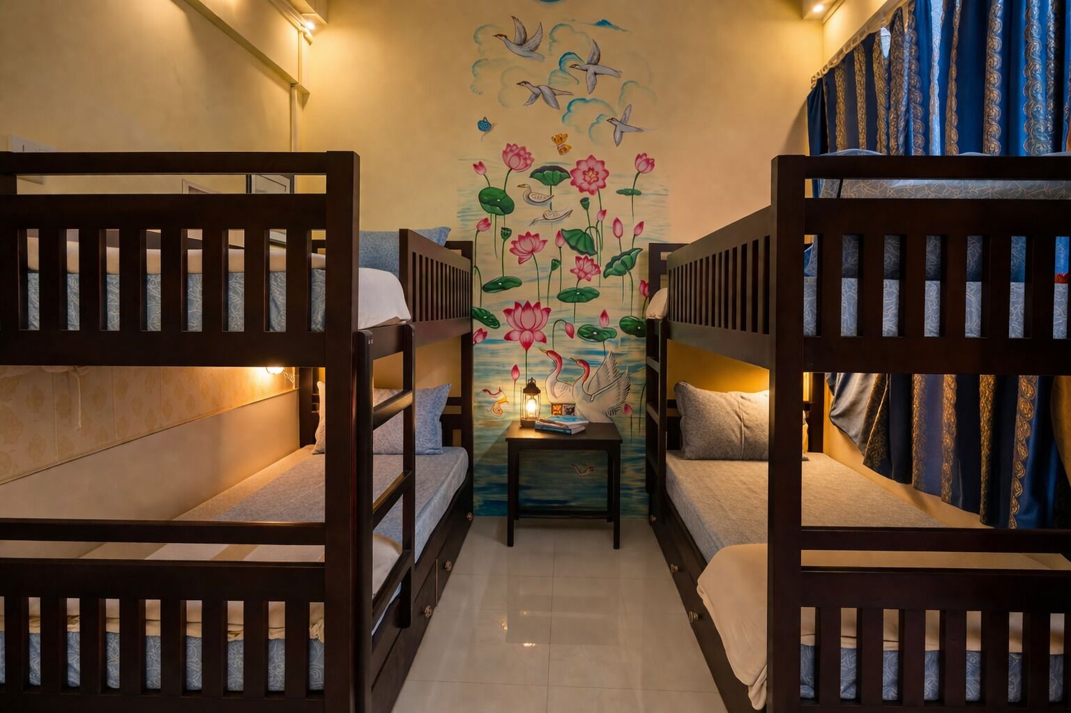 A room with bunk beds, a small table with a lamp, and a mural with birds and flowers.