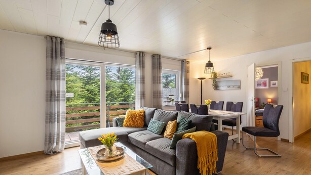 A modern living room with a sofa, coffee table, and dining area. - diemelseeholiday Romantic Apartment with Balcony in the Sauerland near Willingen & Winterberg (Diemelsee)