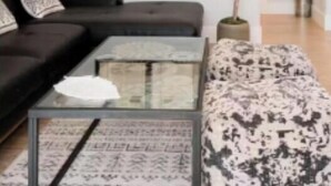 Ein modernes Wohnzimmer mit einer Couch, einem Glastisch und einer Topfpflanze.