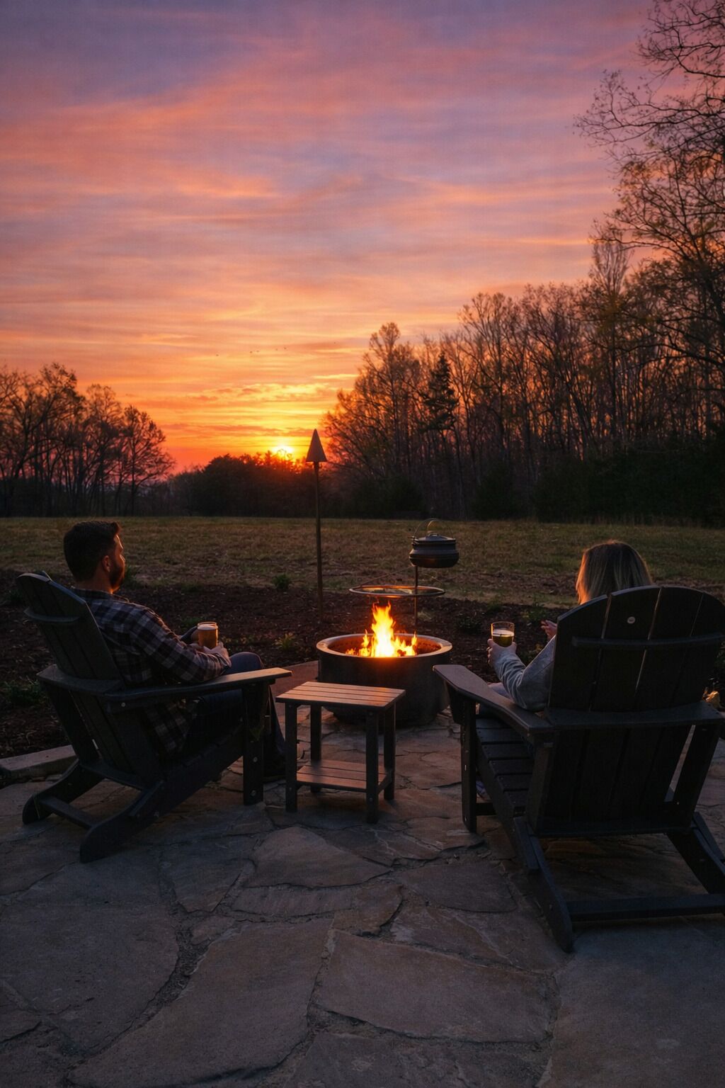 Two people seated at a table with a fire pit in between, outdoors during sunset.