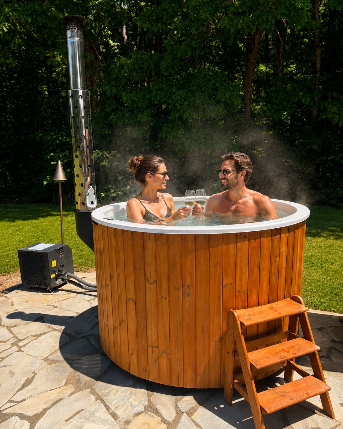 A hot tub with a wooden exterior, a metal heating unit beside it, and a wooden step leading into the tub.