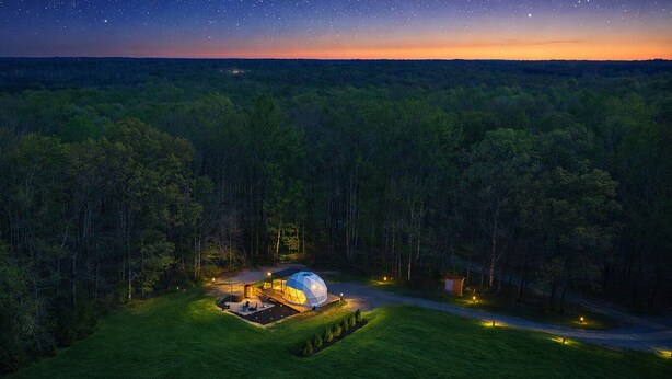 Un edificio esférico en un bosque bajo un cielo nocturno despejado.