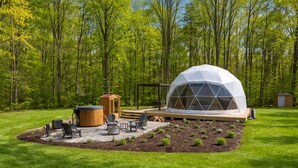 Una estructura en forma de cúpula geodésica con un jacuzzi, zona de estar y un pequeño edificio de madera en un entorno boscoso.
