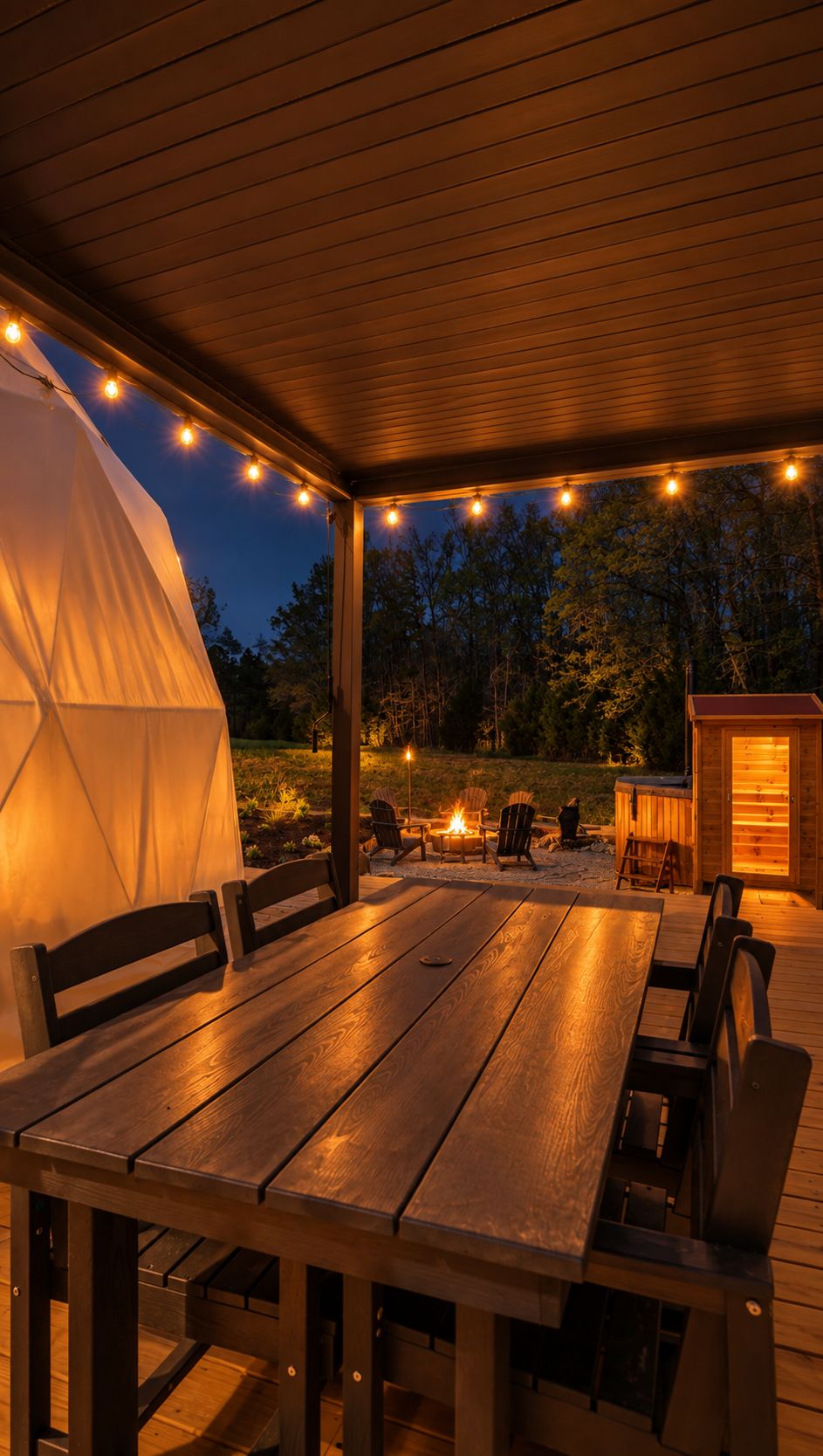 An outdoor patio with a wooden table and chairs, string lights, a tent, and a small wooden structure.