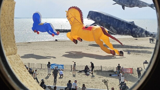 Eine Strandansicht mit großen aufblasbaren Tieren und freiem Blick auf das Meer.
