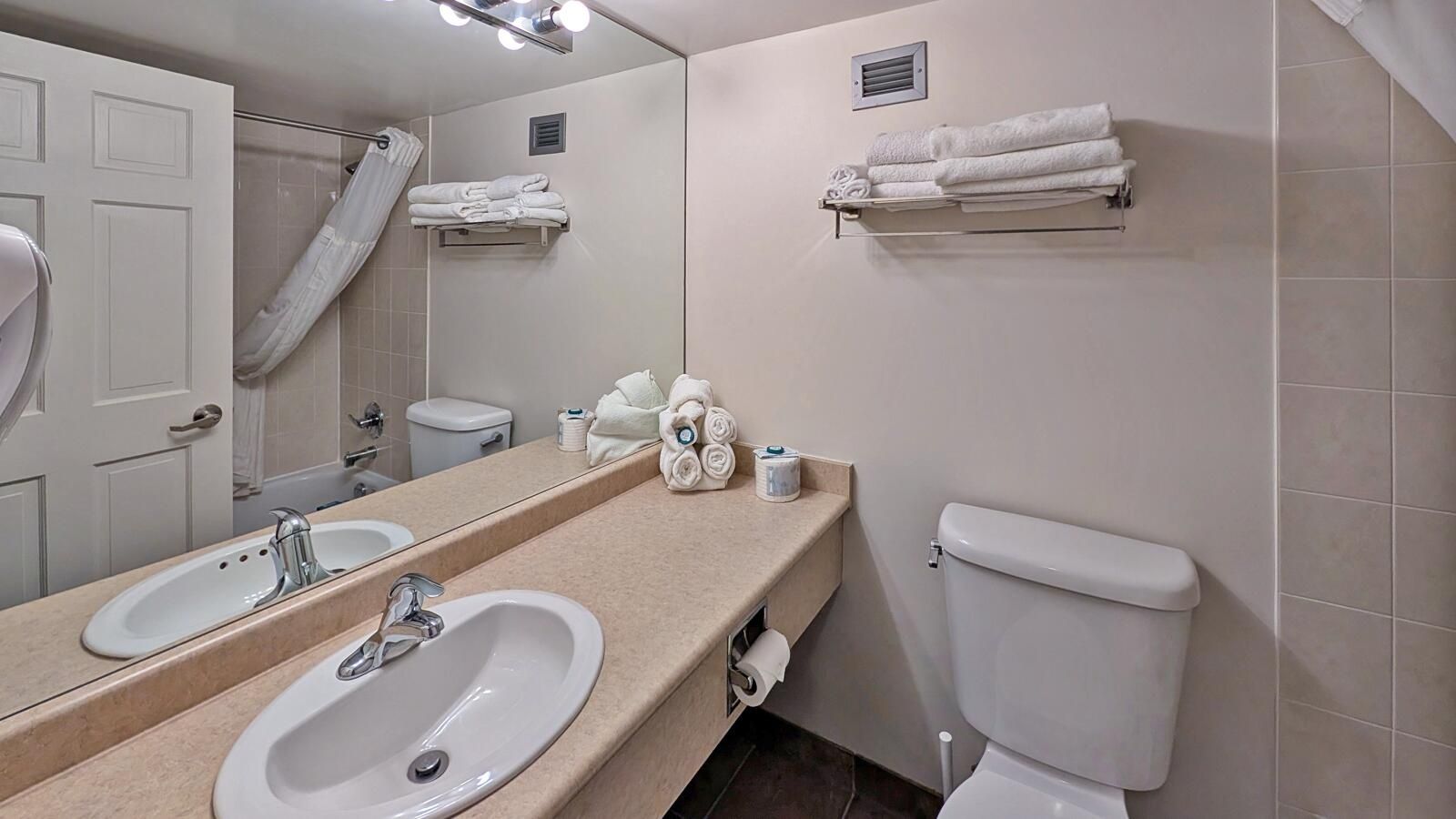 Een badkamer met twee wasbakken, een toilet, een handdoekhouder en een douchegordijn.