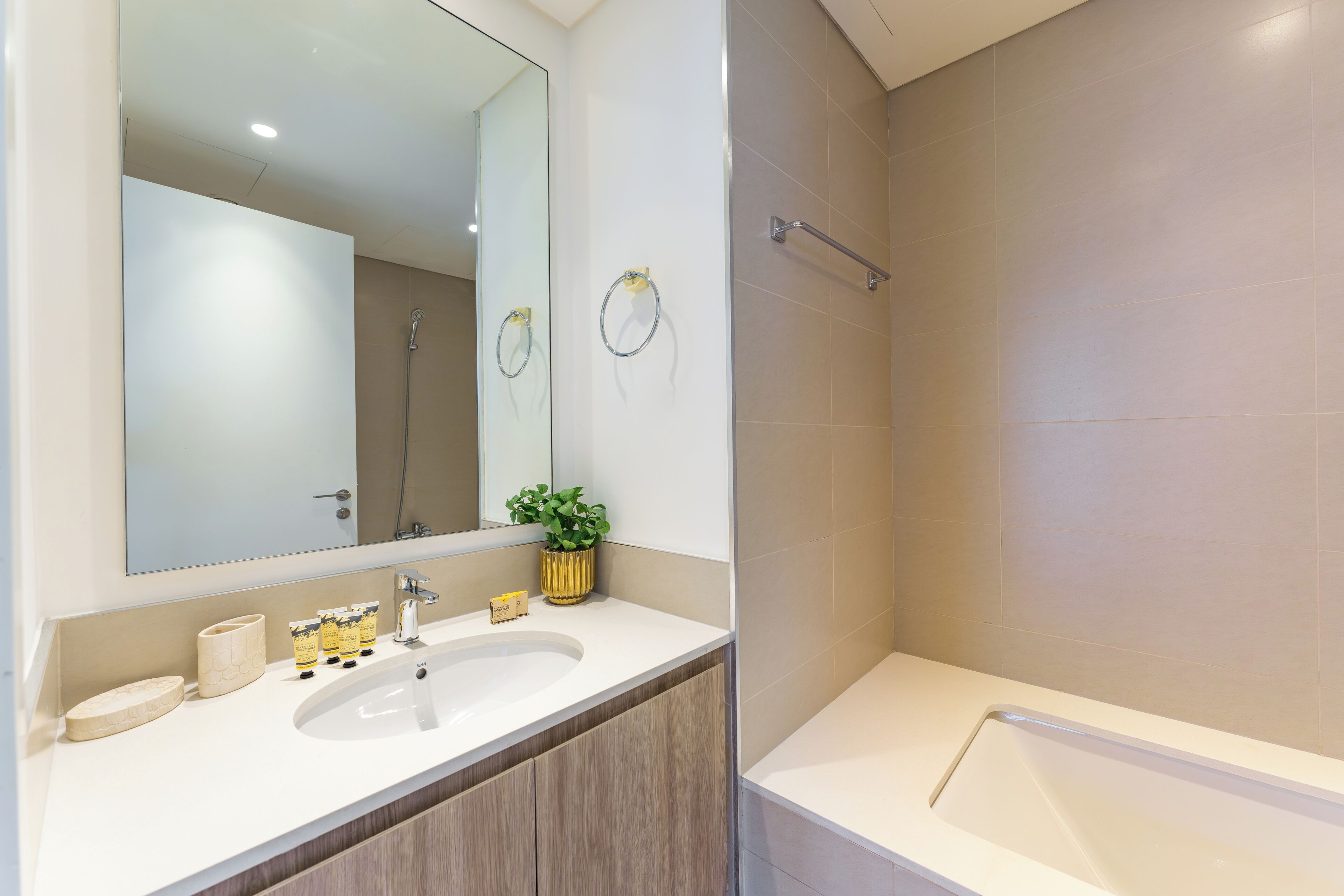 Exclusive-Apartment, Nichtraucher, Parkblick | Badezimmer | Duschwanne, Haartrockner, Hausschuhe, Handtücher