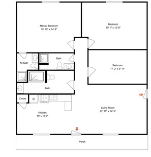 A floor plan with a master bedroom, two bathrooms, a kitchen, a living room, and a bedroom. - Cedar Lodge Cabin: Pet-Friendly + Stunning Views (Alto)