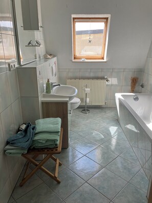 Hair dryer, towels, soap, toilet paper
