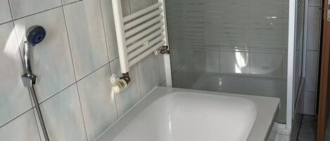 Hair dryer, towels, soap, toilet paper