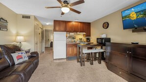 A compact living space with a kitchenette, a dining area, and a living room with a leather couch and a TV.