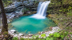 Ein Wasserfall in bewaldeter Landschaft mit klarem Wasser und felsigem Gelände.