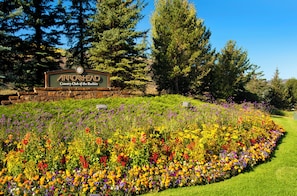 Schild des Arrowhead Country Club of the Rockies, umgeben von einem blühenden Blumenbeet.