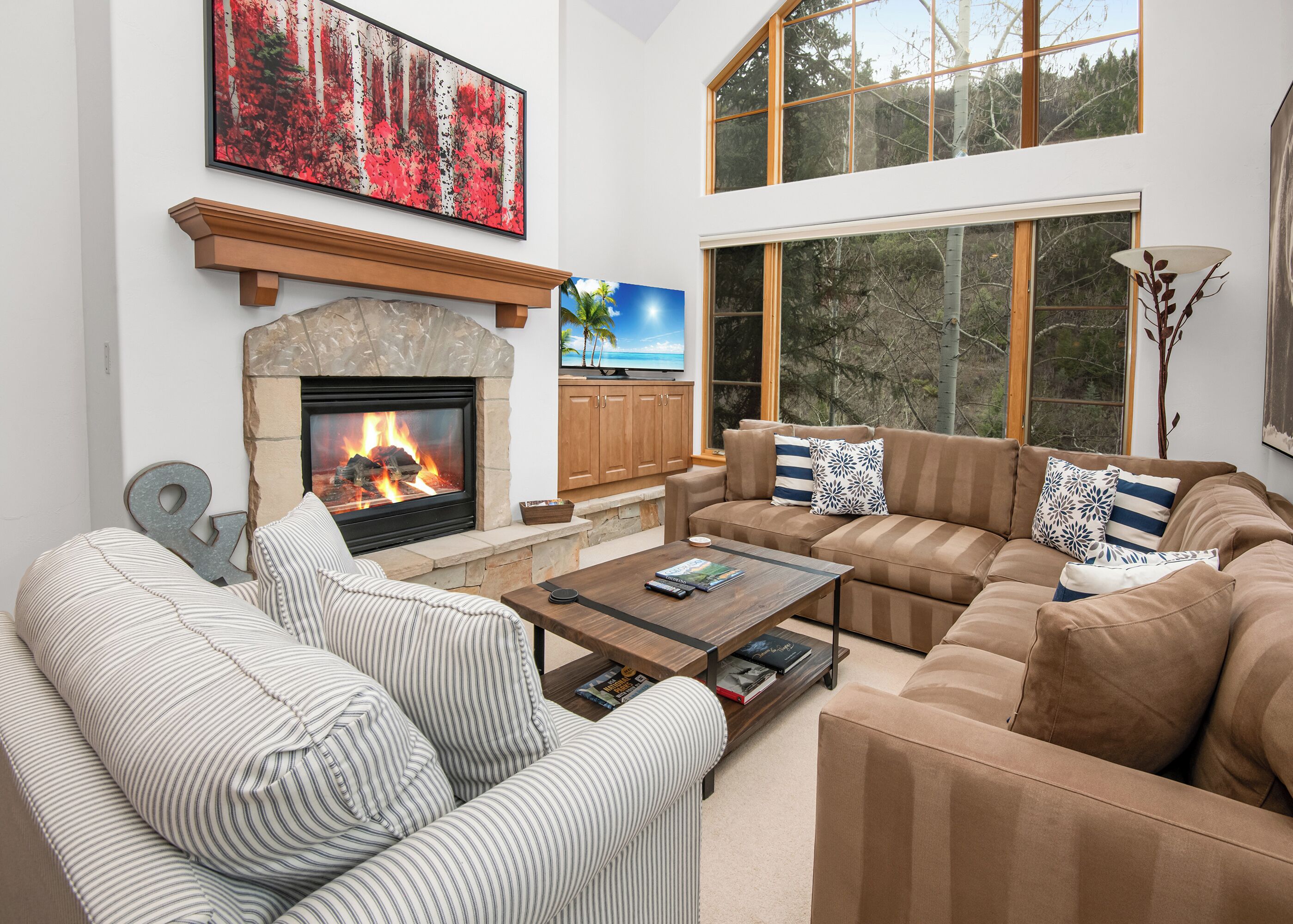 A living room with a fireplace, a sofa, a coffee table, and a television.