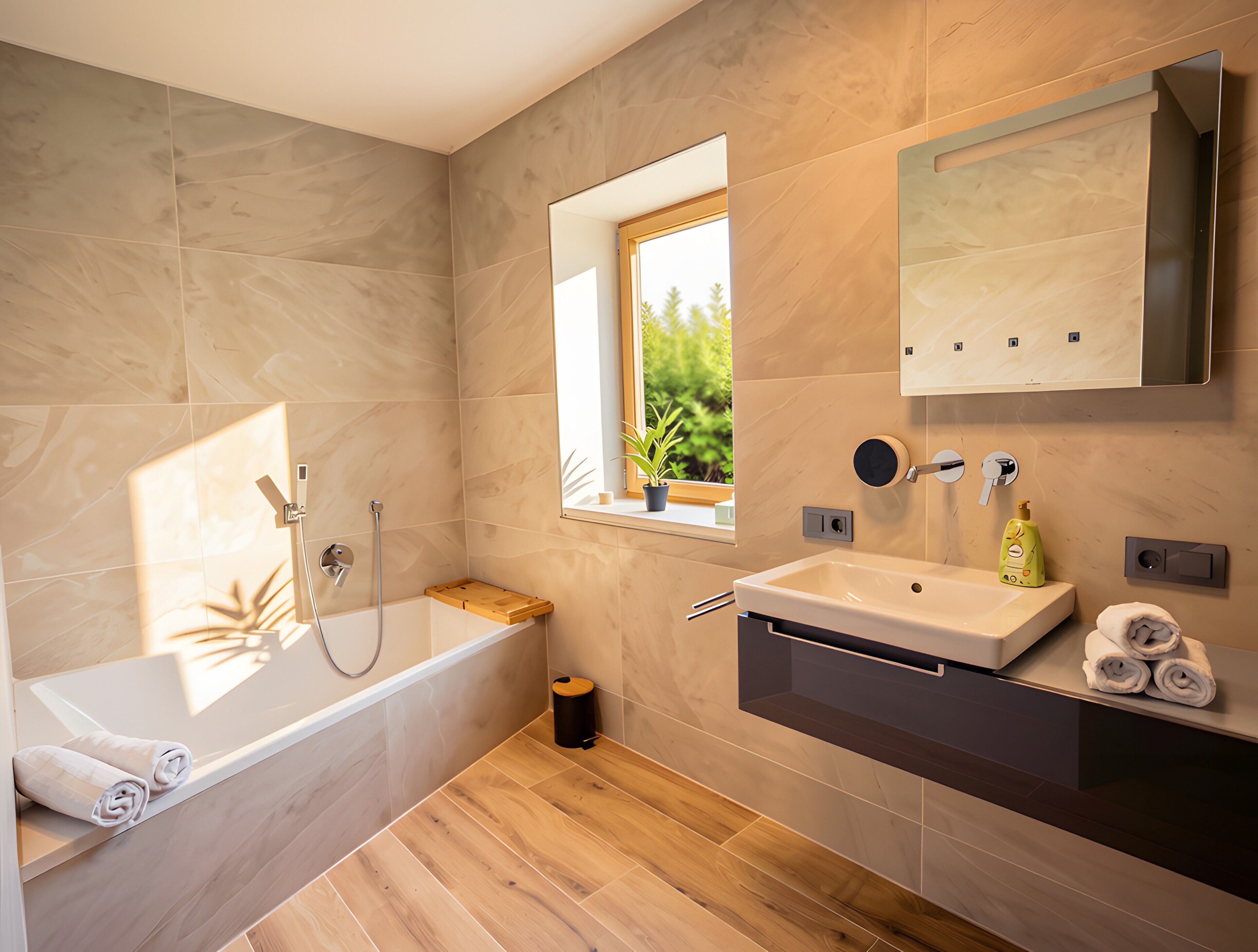Ein modernes Badezimmer mit einer Badewanne, einem Waschbecken und einem Fenster für natürliches Licht.