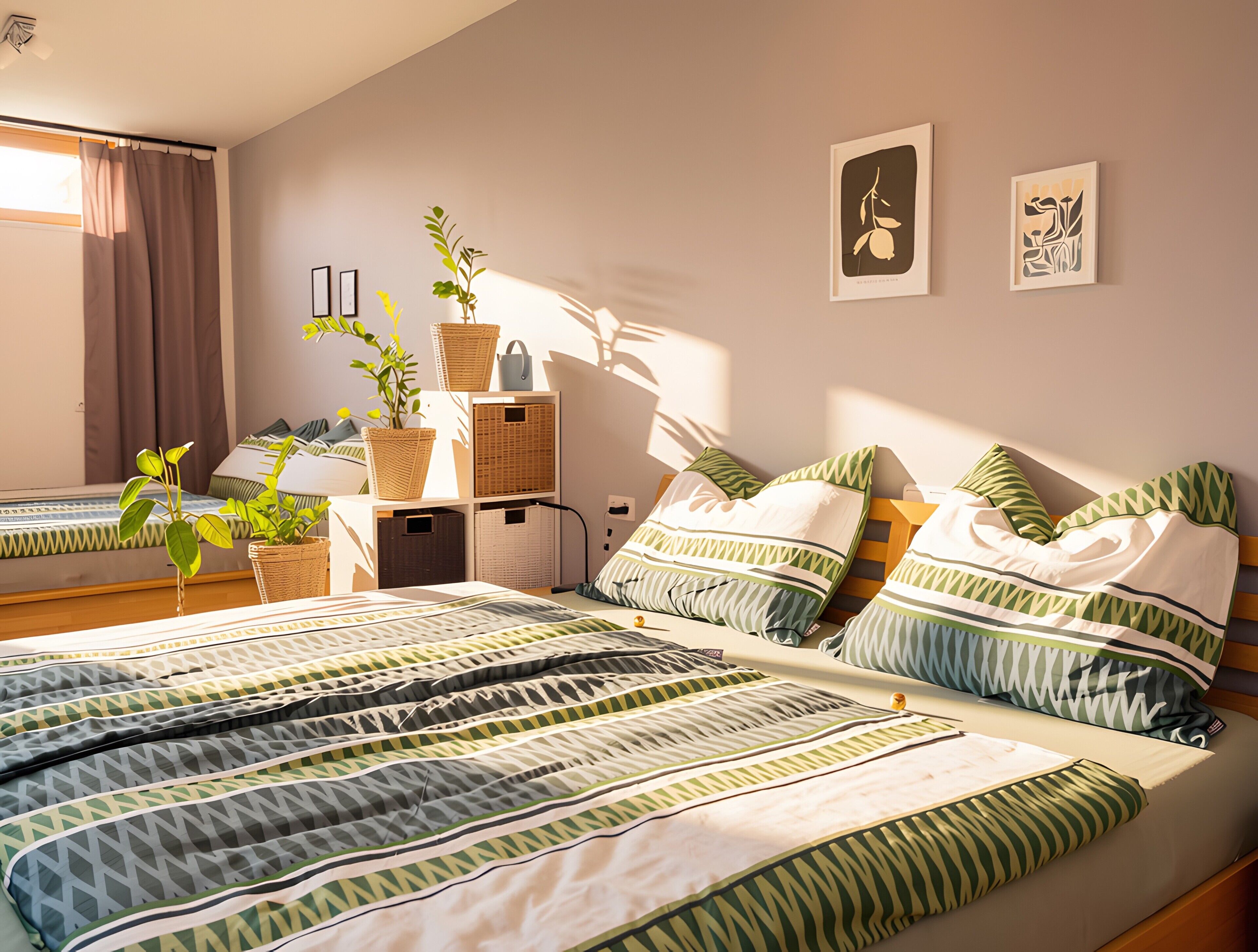 A bedroom with two beds, a bedside table, a lamp, and wall art.