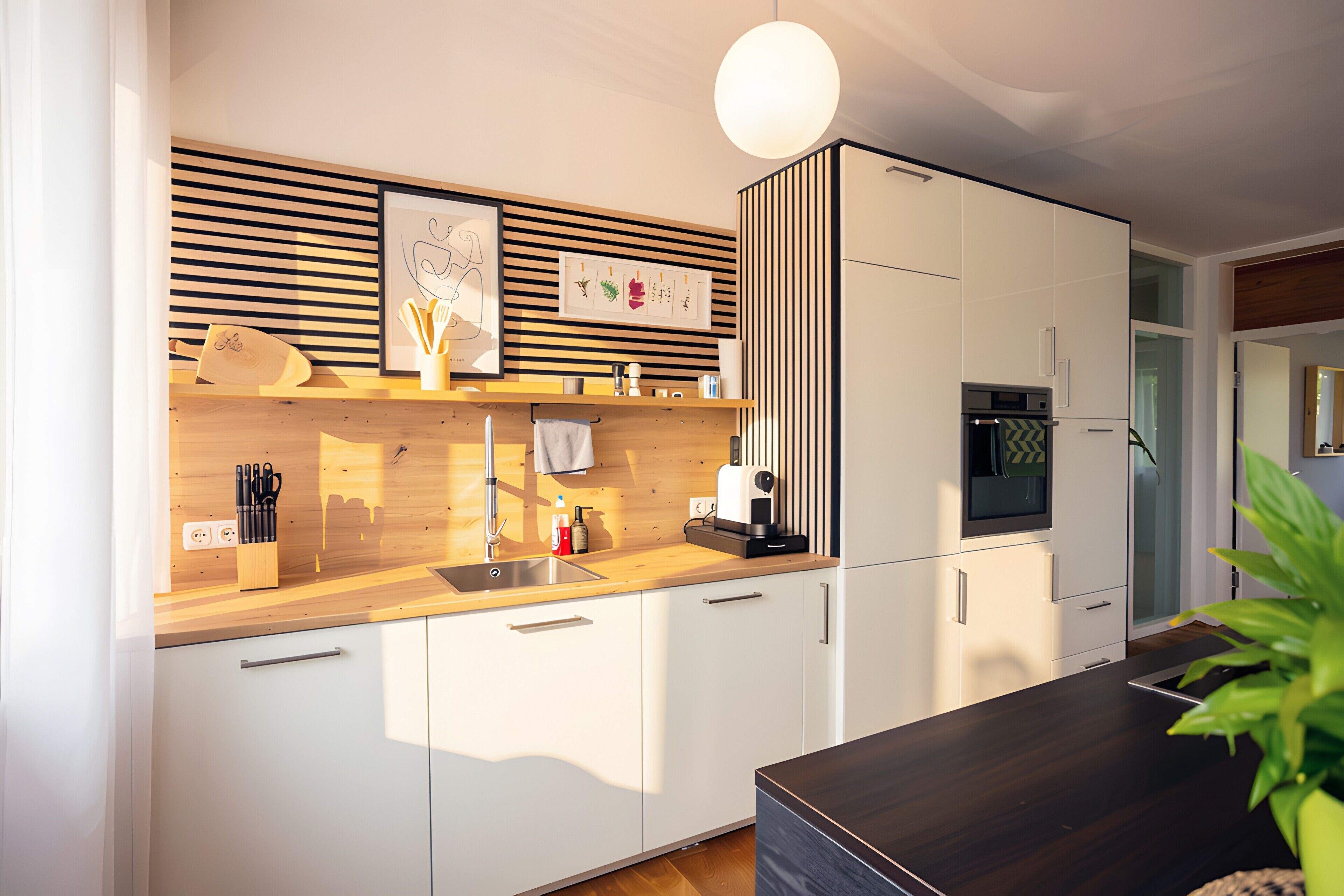Eine moderne Küche mit weißen Schränken, einer Holz Arbeitsplatte und einer Pendelleuchte.