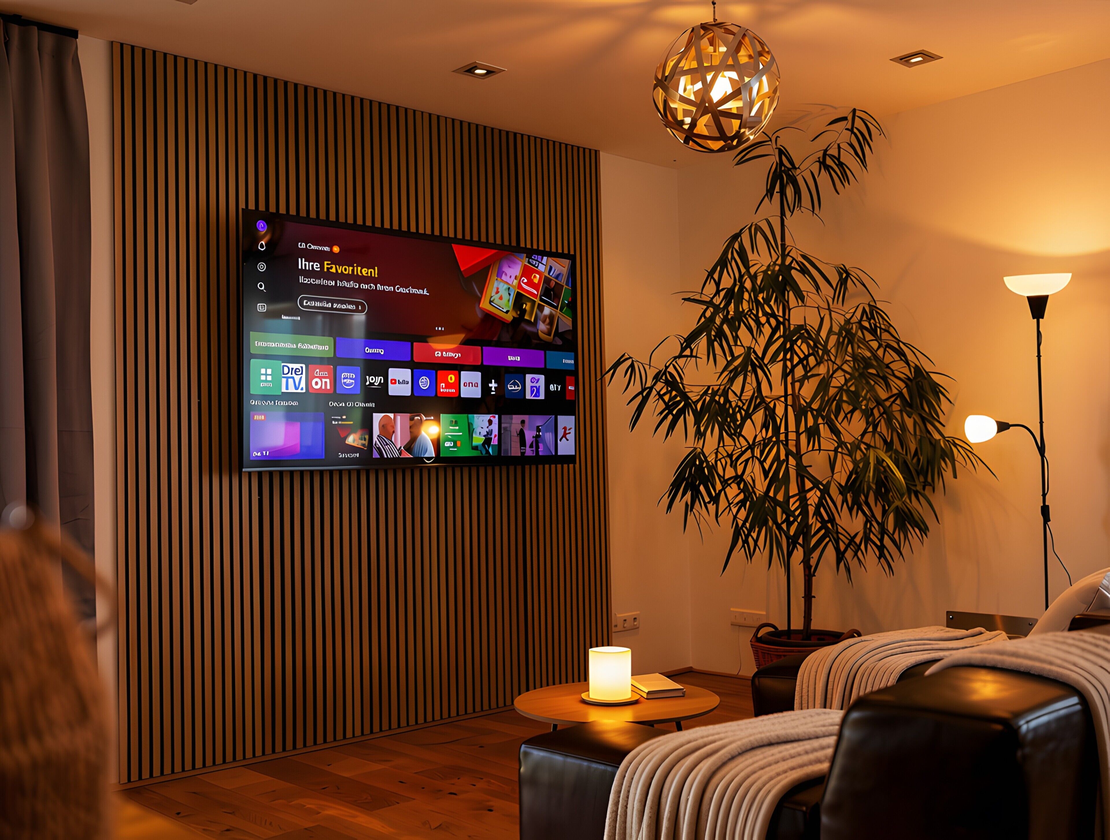 Ein modernes Wohnzimmer mit einem flachbildfernseher an einer Holzwand, einer großen Topfpflanze, einem runden Tisch mit Kerze und einem schwarzen Ledersofa.