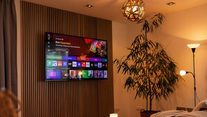 Ein modernes Wohnzimmer mit einem flachbildfernseher an einer Holzwand, einer großen Topfpflanze, einem runden Tisch mit Kerze und einem schwarzen Ledersofa.