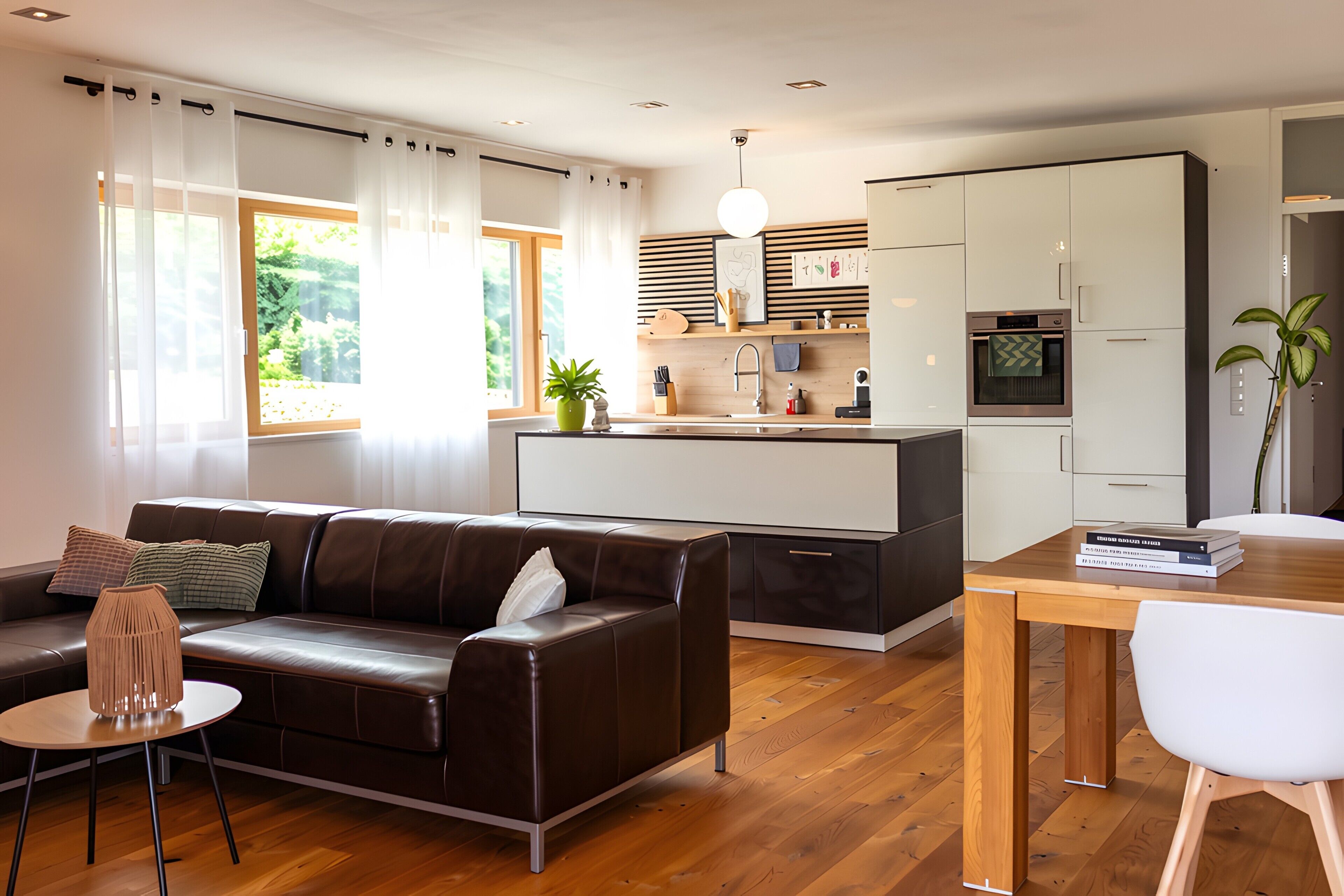 A modern living space with a sofa, dining table, and kitchen area.