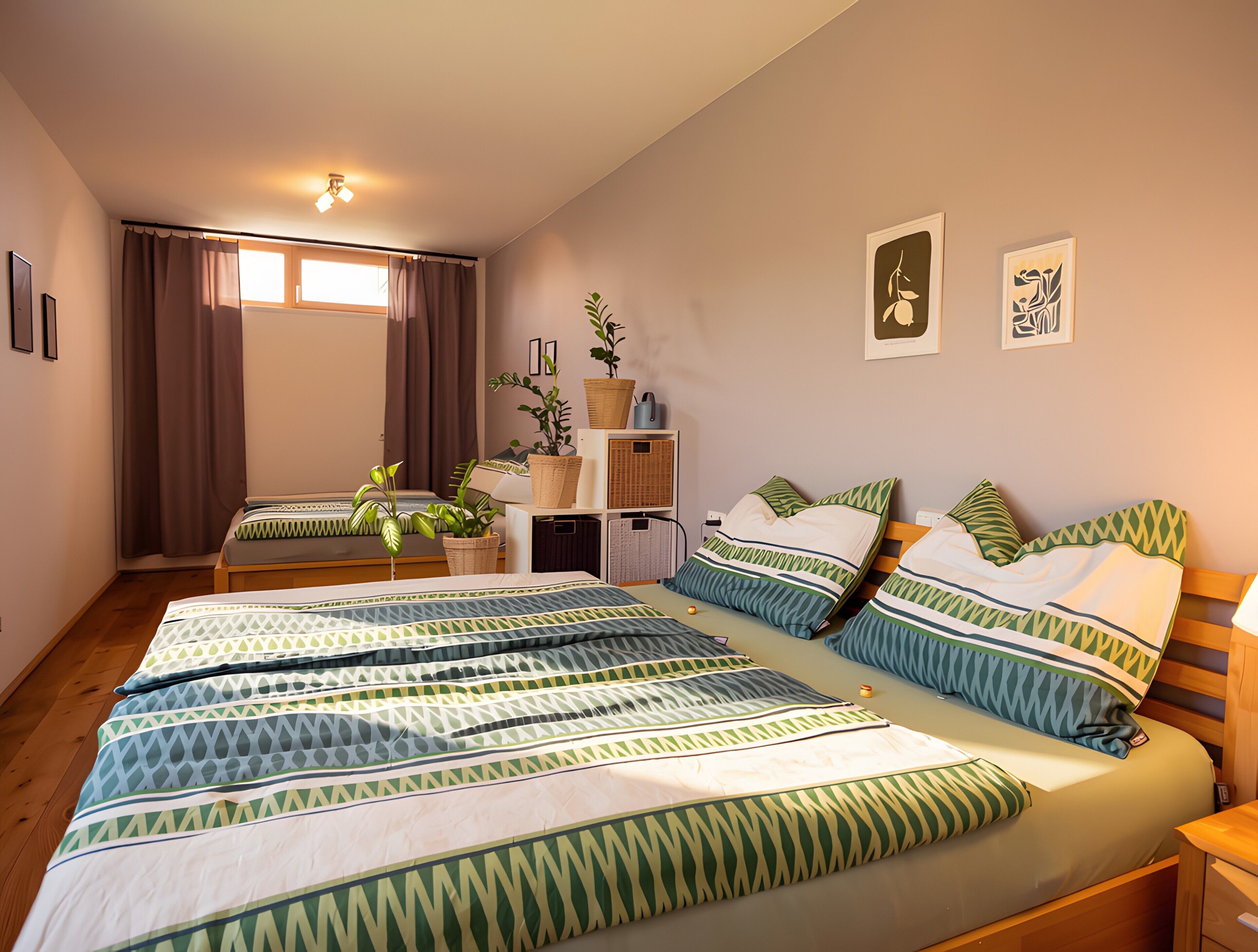 Una camera da letto con due letti, un comodino, tende a una finestra e un'opera d'arte appesa al muro.
