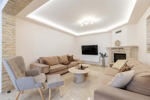 TV connectée, cheminée, livres