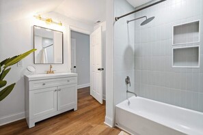 Shower, hair dryer, shampoo